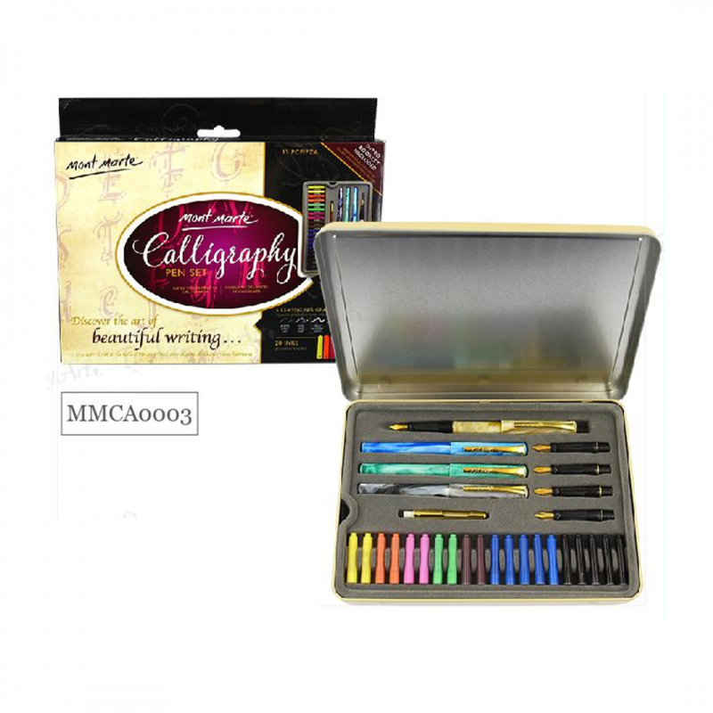 Mont Marte Calligraphy Set, 33 Piece. Includes Calligraphy Pens, Calligraphy Nibs, Ink Cartridges, Introduction Booklet and Exercise Booklet.