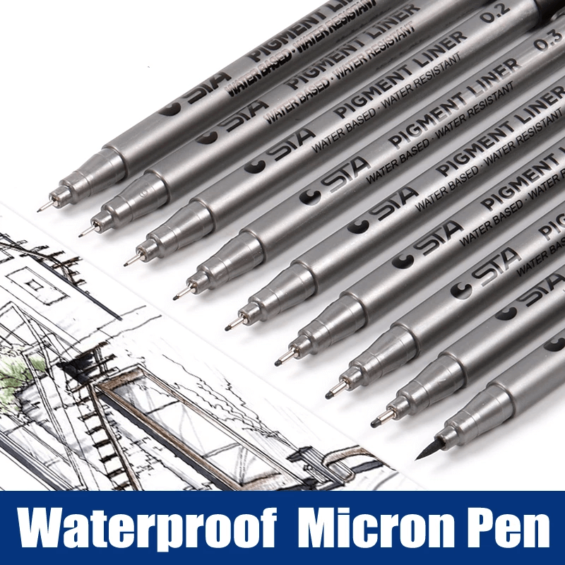 aanval gelijktijdig staan STA Permanent Fineliner Pen Black Set of 9