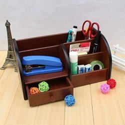 Wooden Desk Stationery Organizer With Drawer 8001